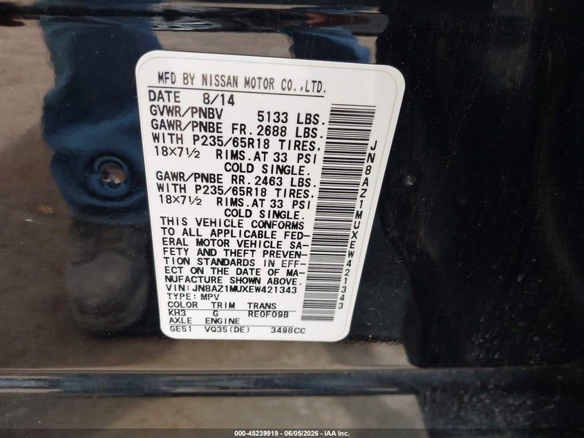 2014 Nissan Murano VIN JN8AZ1MUXEW421343 IAAI salvage auction — FRONT END, Salvage (Oklahoma), sold $625 on 2026-07-12 (photo 9)
