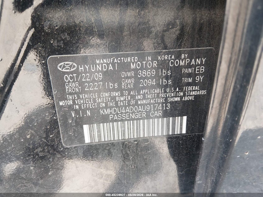 2010 Hyundai Elantra VIN KMHDU4AD0AU917413 IAAI salvage auction — SIDE, Salvage (Pennsylvania), sold $300 on 2026-07-10 (photo 9)