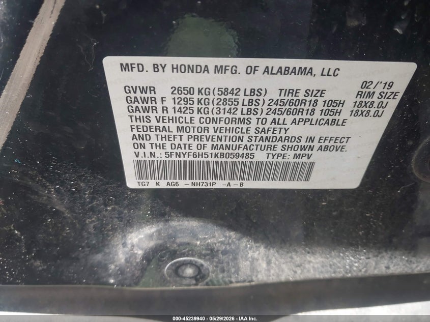 2019 Honda Pilot VIN 5FNYF6H51KB059485 IAAI salvage auction — FRONT END, Salvage Title, sold $7,600 on 2026-08-01 (photo 9)