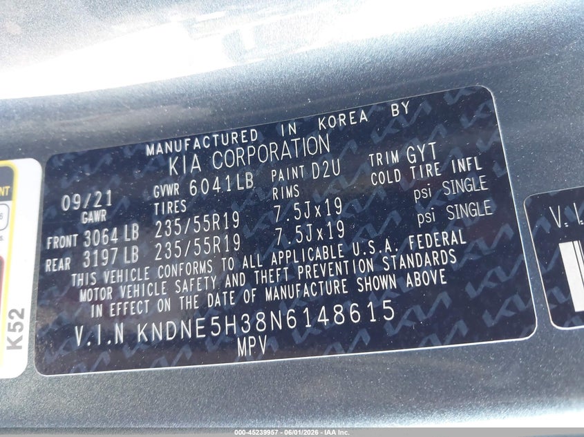 2022 Kia Carnival VIN KNDNE5H38N6148615 IAAI salvage auction — RIGHT FRONT, Salvage (California), sold $6,275 on 2026-07-27 (photo 9)