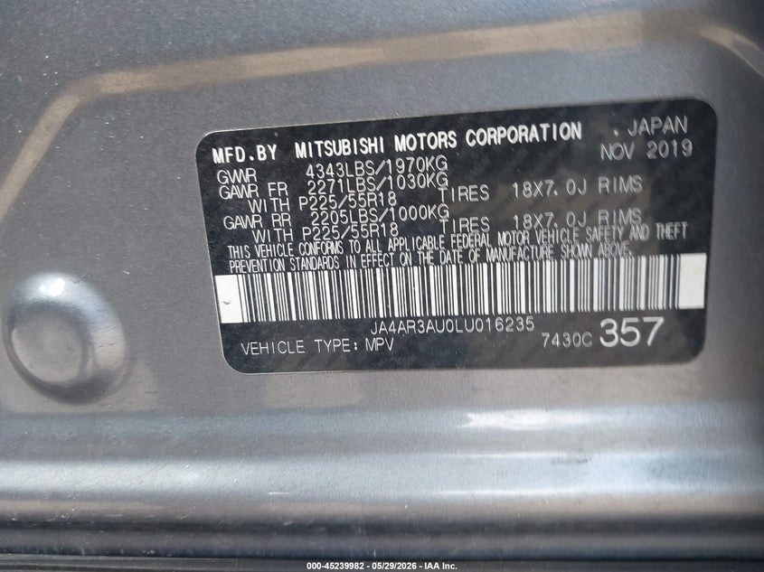 2020 Mitsubishi Outlander VIN JA4AR3AU0LU016235 IAAI salvage auction — LEFT FRONT, Salvage Title, sold $2,550 on 2026-07-31 (photo 9)