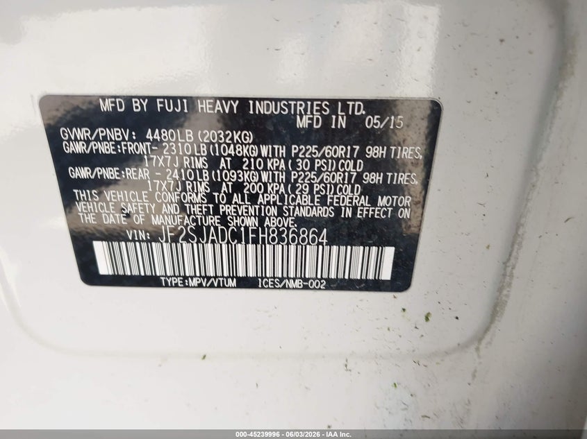 2015 Subaru Forester VIN JF2SJADC1FH836864 IAAI salvage auction — RIGHT REAR, Salvage Title, sold $625 on 2026-07-29 (photo 9)