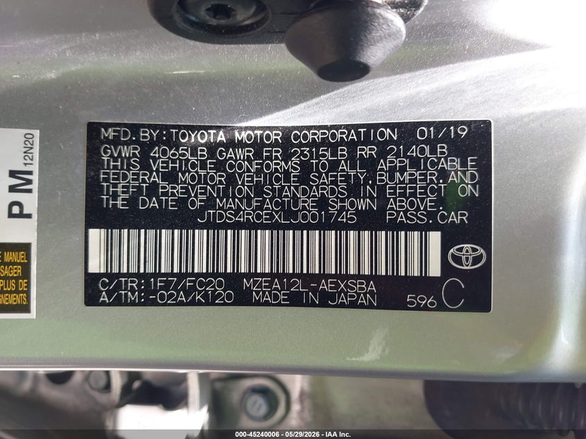 2020 Toyota Corolla VIN JTDS4RCEXLJ001745 IAAI salvage auction — FRONT END, Salvage (Texas), sold $2,650 on 2026-07-29 (photo 9)