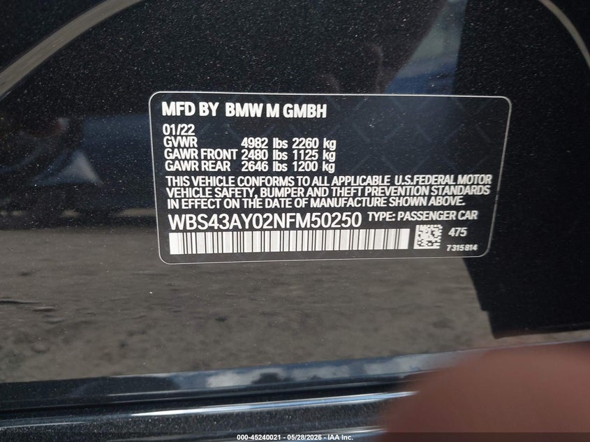 2022 BMW M3 VIN WBS43AY02NFM50250 IAAI salvage auction — RIGHT SIDE, Salvage Title, sold $29,250 on 2026-07-17 (photo 9)