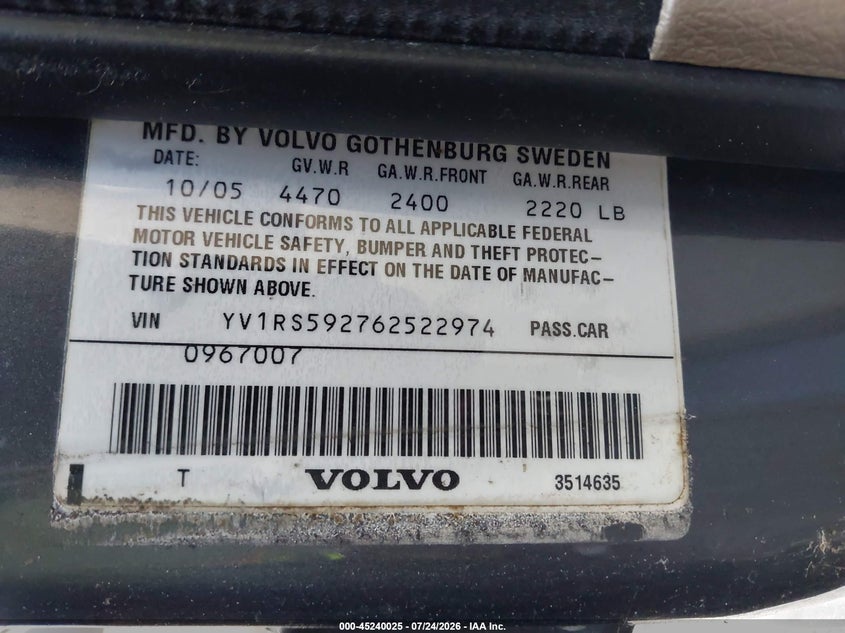 2006 Volvo S60 VIN YV1RS592762522974 IAAI salvage auction — UNKNOWN, Clear (Florida), sold $325 on 2026-08-03 (photo 9)