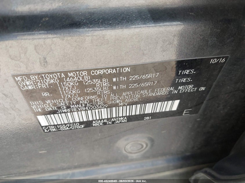 2017 Toyota Rav 4 VIN JTMRFREV8HD203429 IAAI salvage auction — HAIL, Salvage Title, sold $4,850 on 2026-07-28 (photo 9)