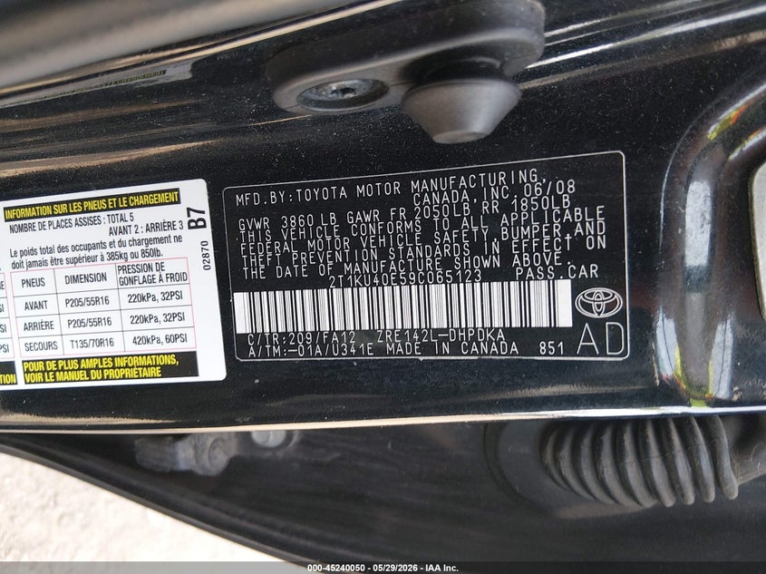 2009 Toyota Matrix VIN 2T1KU40E59C065123 IAAI salvage auction — FRONT END, Clear (Tennessee), sold $325 on 2026-07-11 (photo 9)