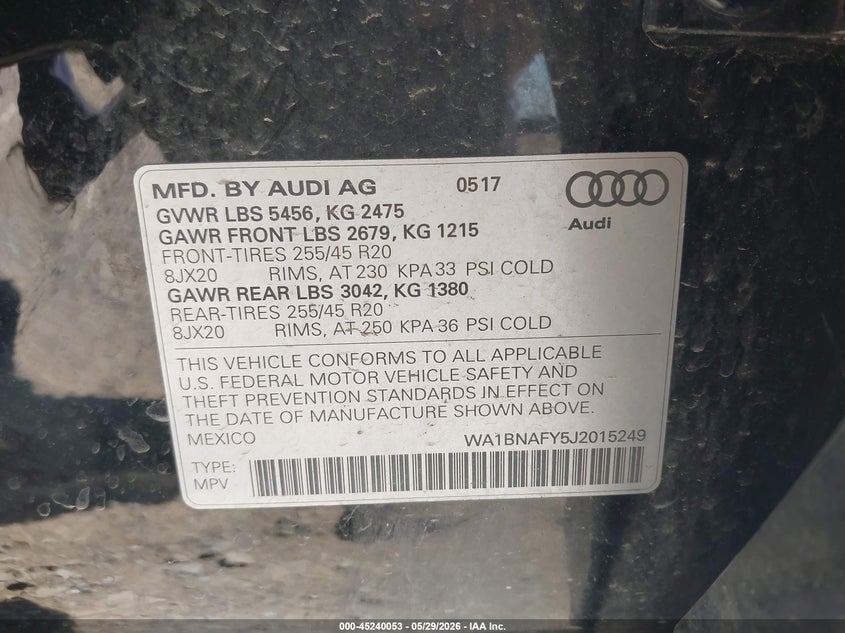 2018 Audi Q5 VIN WA1BNAFY5J2015249 IAAI salvage auction — REAR END, Salvage Title, sold $9,600 on 2026-07-15 (photo 9)