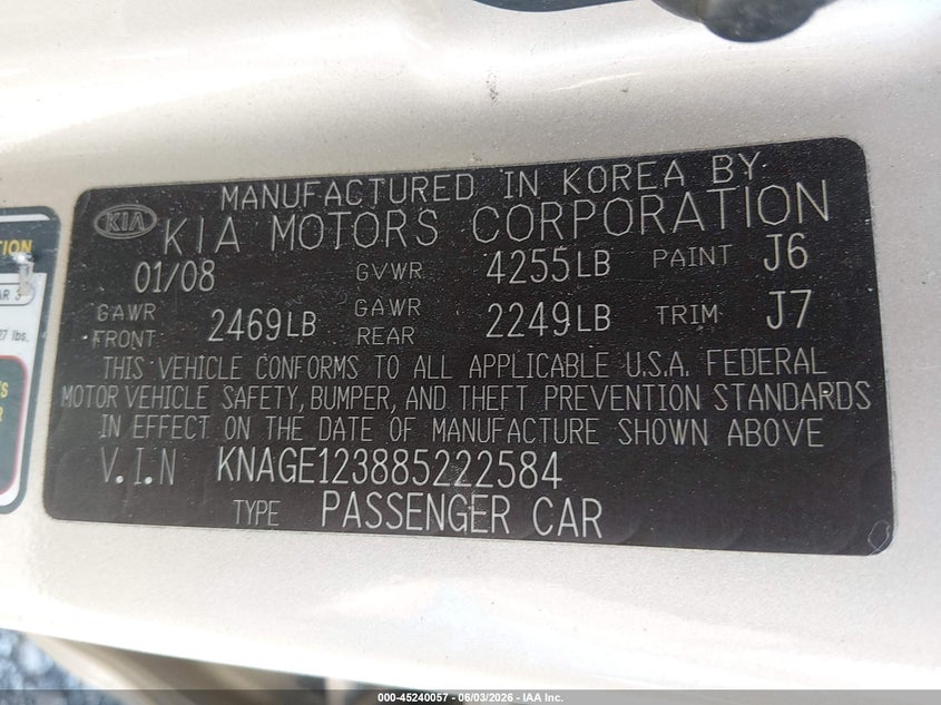 2008 Kia Optima VIN KNAGE123885222584 IAAI salvage auction — LEFT SIDE, Salvage (South Carolina), sold $425 on 2026-07-29 (photo 9)