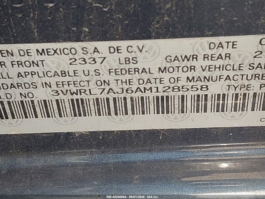 2010 Volkswagen Jetta VIN 3VWRL7AJ6AM128558 IAAI salvage auction — HAIL, Original (Texas), sold $575 on 2026-07-21 (photo 9)