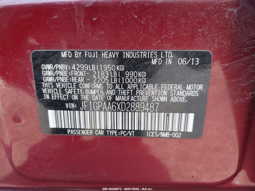2013 Subaru Impreza VIN JF1GPAA6XD2889487 IAAI salvage auction — REAR END, Salvage Title, sold $525 on 2026-07-09 (photo 9)