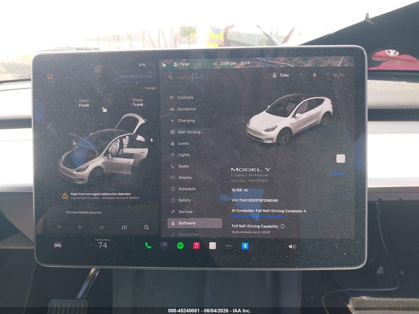 2025 Tesla Model y VIN 7SAYGDEE1SF299046 IAAI salvage auction — FRONT END, Salvage Title, sold $5,500 on 2026-07-10 (photo 7)