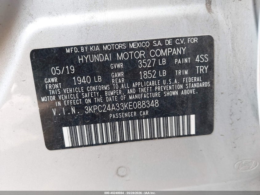 2019 Hyundai Accent VIN 3KPC24A33KE088348 IAAI salvage auction — LEFT FRONT, Salvage (Arizona), sold $1,550 on 2026-08-01 (photo 9)
