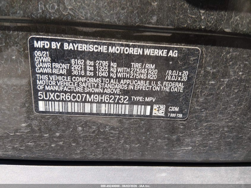 2021 BMW X5 VIN 5UXCR6C07M9H62732 IAAI salvage auction — RIGHT FRONT, Salvage Title, sold $11,600 on 2026-07-29 (photo 9)
