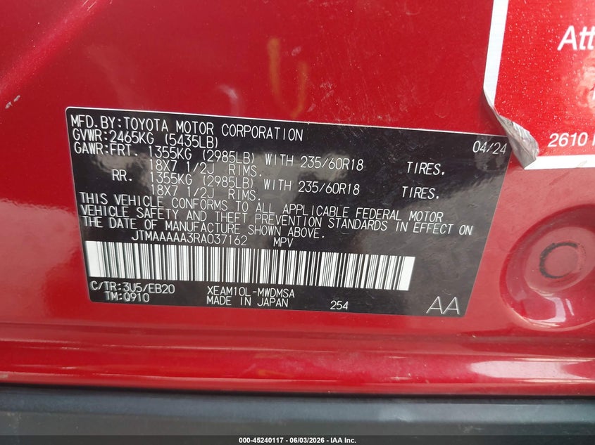 2024 Toyota Bz4x VIN JTMAAAAA3RA037162 IAAI salvage auction — FRONT & REAR, Original (Texas), sold $25 on 2026-07-31 (photo 9)