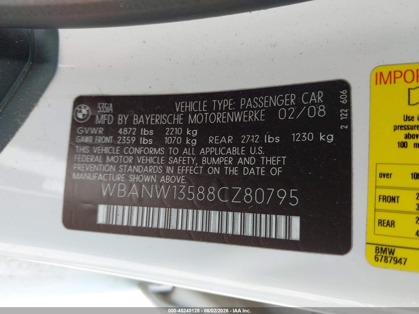 2008 BMW 5 series VIN WBANW13588CZ80795 IAAI salvage auction — MECHANICAL, Original (Texas), sold $325 on 2026-07-08 (photo 9)