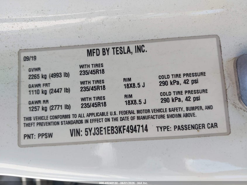 2019 Tesla Model 3 VIN 5YJ3E1EB3KF494714 IAAI salvage auction — BIO HAZARD, Salvage Title, sold $2,750 on 2026-07-24 (photo 9)
