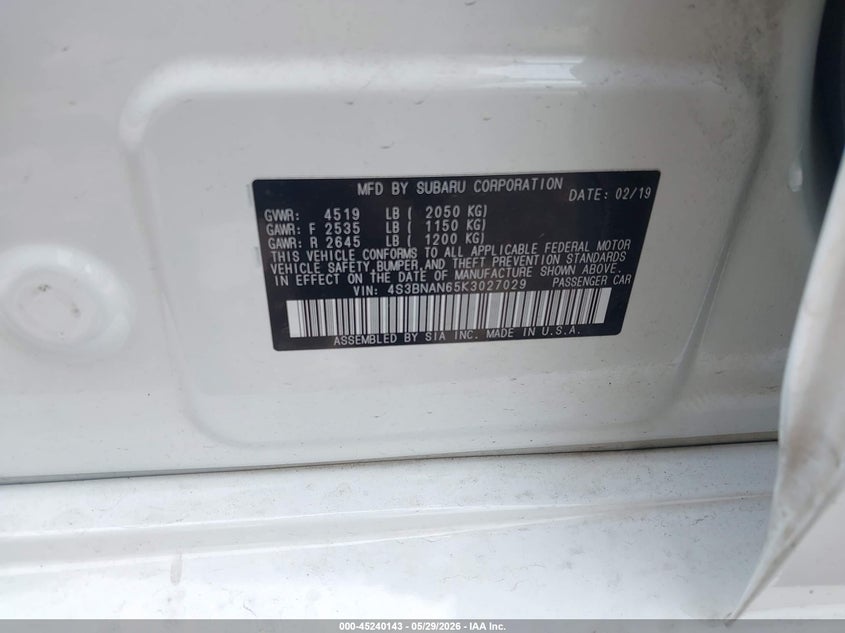 2019 Subaru LEGACY VIN 4S3BNAN65K3027029 IAAI salvage auction — FRONT END, Salvage Title, sold $3,075 on 2026-07-22 (photo 9)