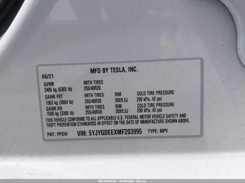 2021 Tesla Model y VIN 5YJYGDEEXMF203995 IAAI salvage auction — FRONT END, Salvage Title, sold $6,300 on 2026-07-12 (photo 9)
