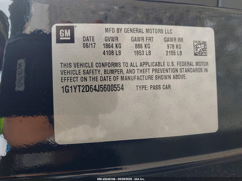 2018 Chevrolet Corvette VIN 1G1YT2D64J5600554 IAAI salvage auction — FRONT END, Salvage Title, sold $25,250 on 2026-07-09 (photo 9)