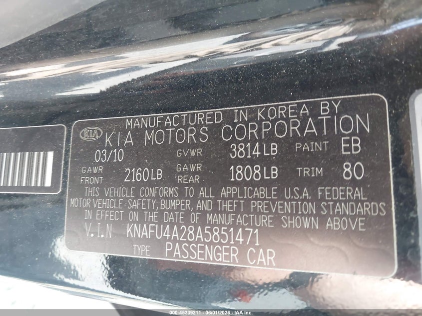 2010 Kia Forte VIN KNAFU4A28A5851471 IAAI salvage auction — REAR END, Clear (Virginia), sold $125 on 2026-07-07 (photo 9)