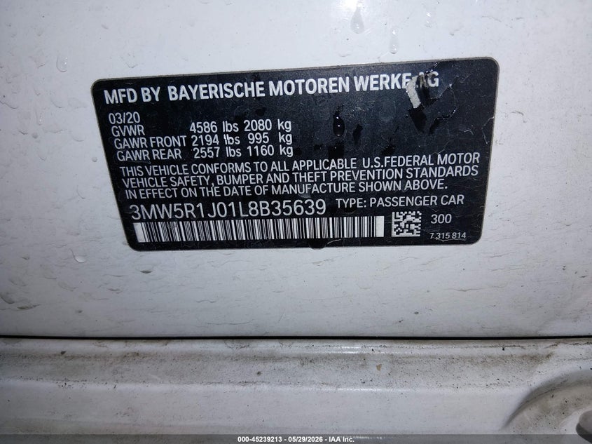 2020 BMW 3er VIN 3MW5R1J01L8B35639 IAAI salvage auction — FRONT END, Salvage (Idaho), sold $7,600 on 2026-07-31 (photo 9)