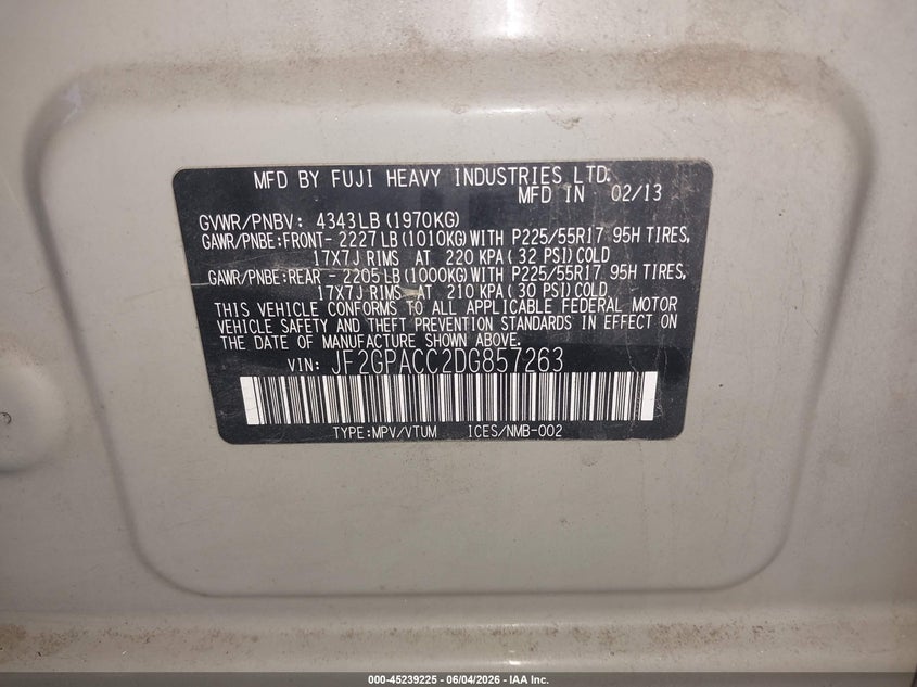 2013 Subaru Xv VIN JF2GPACC2DG857263 IAAI salvage auction — NORMAL WEAR, Salvage Title, sold $1,025 on 2026-07-28 (photo 8)