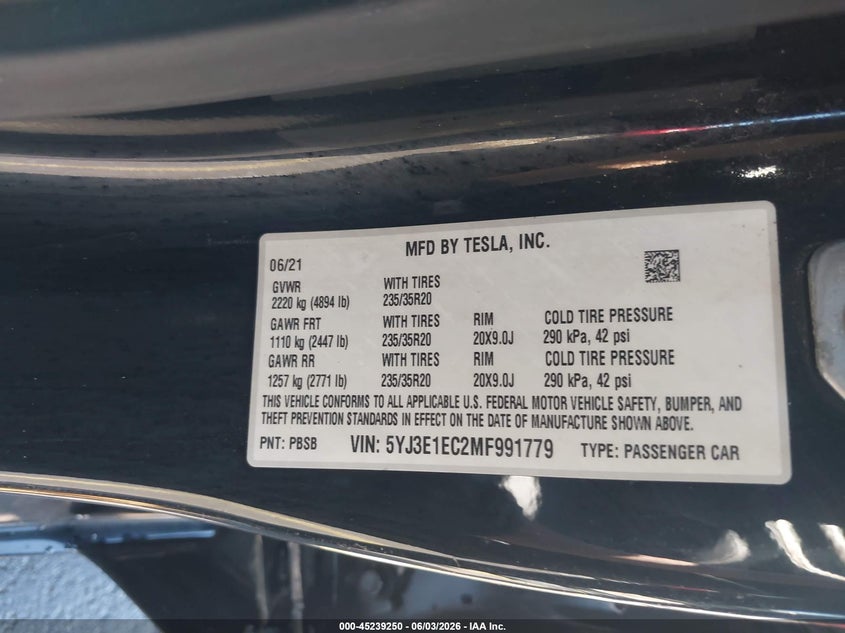 2021 Tesla Model 3 VIN 5YJ3E1EC2MF991779 IAAI salvage auction — FRONT END, Salvage Title, sold $5,200 on 2026-07-29 (photo 9)
