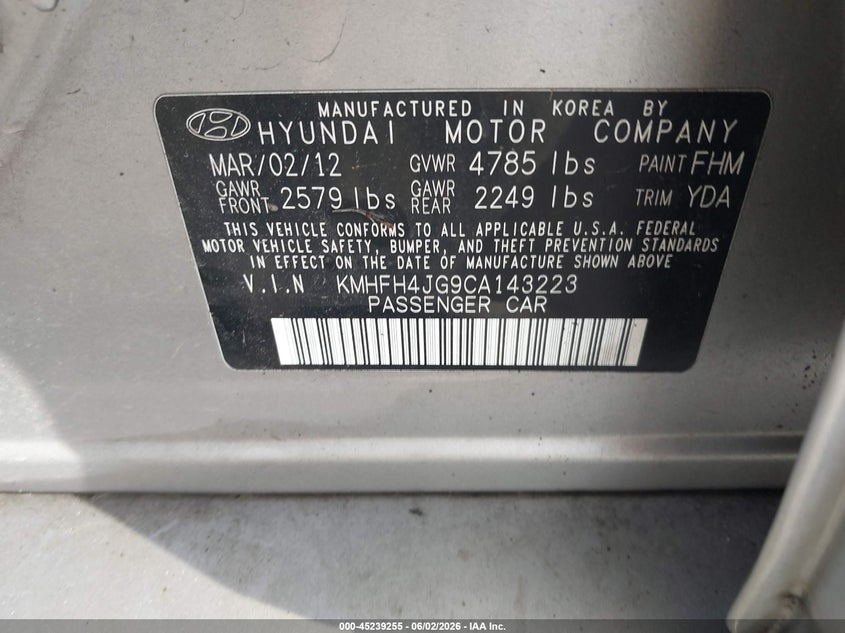 2012 Hyundai Azera VIN KMHFH4JG9CA143223 IAAI salvage auction — RIGHT FRONT, Salvage (Louisiana), sold $1,100 on 2026-07-21 (photo 9)