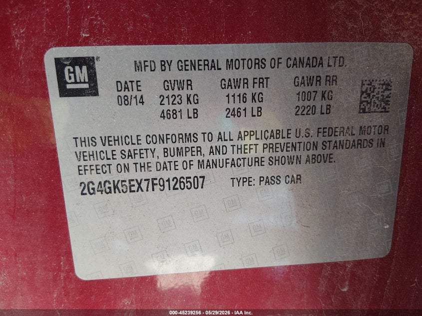 2015 Buick Regal VIN 2G4GK5EX7F9126507 IAAI salvage auction — FRONT END, Salvage (West Virginia), sold $1,125 on 2026-07-09 (photo 9)