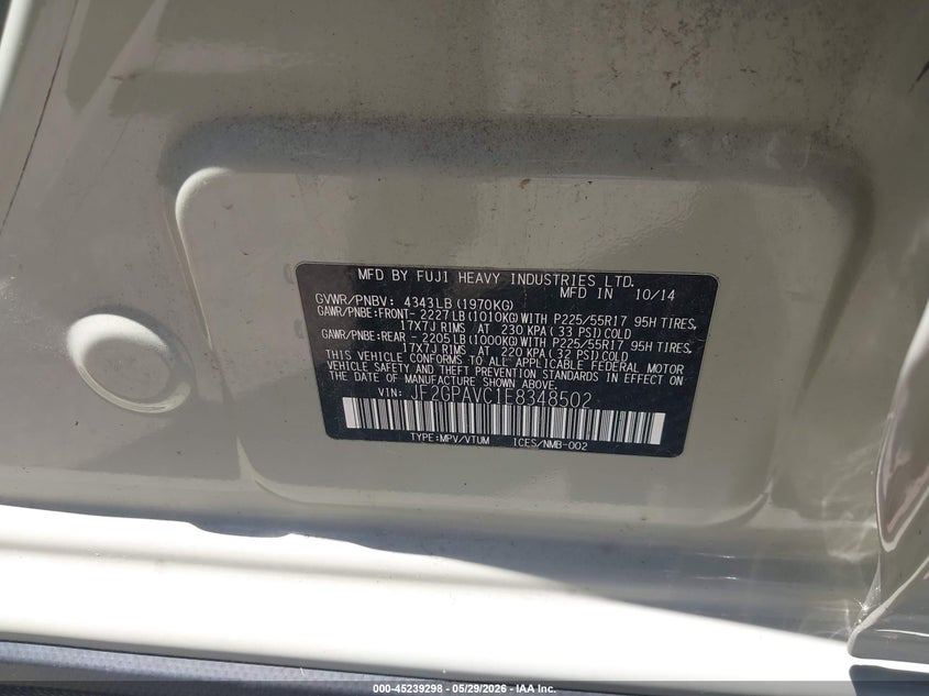 2014 Subaru Xv VIN JF2GPAVC1E8348502 IAAI salvage auction — REAR END, Salvage Title, sold $1,100 on 2026-07-17 (photo 9)