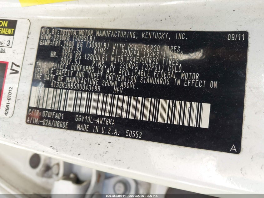2011 Toyota Venza VIN 4T3ZK3BB5BU043488 IAAI salvage auction — EXTERIOR BURN, Mv-907A (New York), sold $1,550 on 2026-07-19 (photo 9)