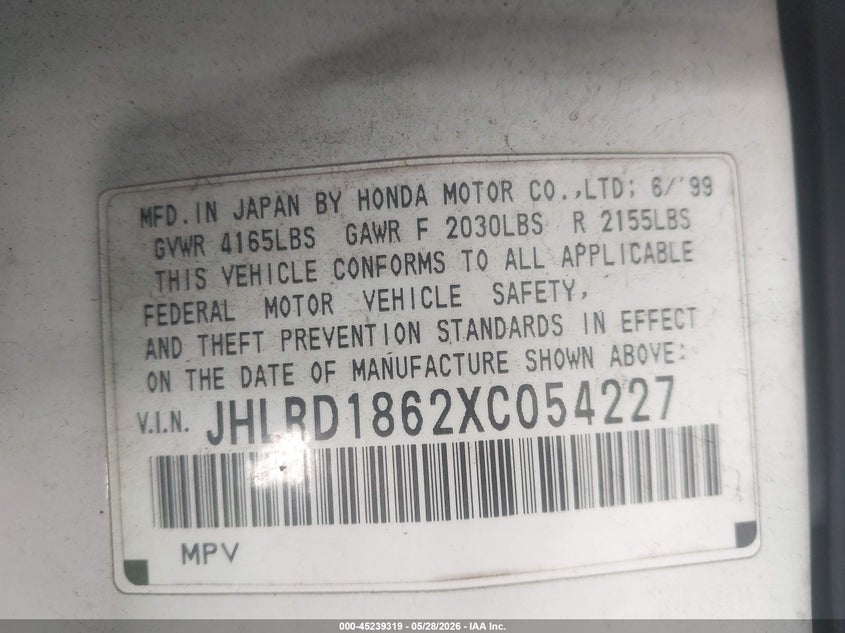 1999 Honda Cr-v VIN JHLRD1862XC054227 IAAI salvage auction — NORMAL WEAR, Clear (Missouri), sold $375 on 2026-07-14 (photo 9)