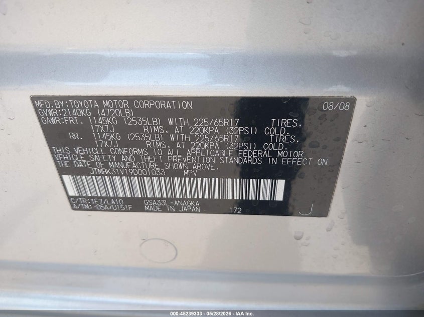 2009 Toyota Rav4 VIN JTMBK31V19D001033 IAAI salvage auction — FRONT & REAR, Non-Repairable (Arizona), sold $500 on 2026-07-21 (photo 9)