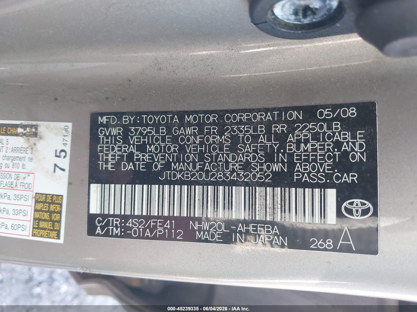 2008 Toyota Prius VIN JTDKB20U283432052 IAAI salvage auction — NORMAL WEAR, Clear (Delaware), sold $425 on 2026-07-20 (photo 9)