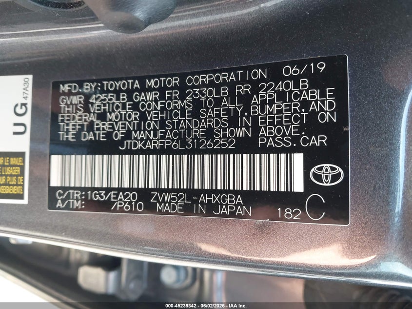 2020 Toyota Prius VIN JTDKARFP6L3126252 IAAI salvage auction — FRONT END, Salvage Title, sold $3,625 on 2026-07-14 (photo 9)