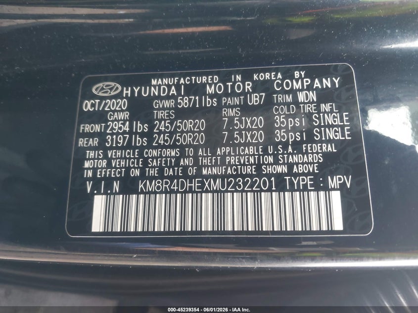 2021 Hyundai Palisade VIN KM8R4DHEXMU232201 IAAI salvage auction — NORMAL WEAR, Salvage Title, sold $7,050 on 2026-07-10 (photo 9)
