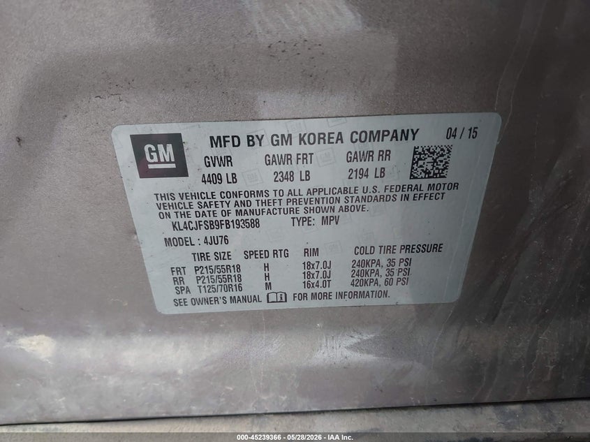 2015 Buick Encore VIN KL4CJFSB9FB193588 IAAI salvage auction — NORMAL WEAR, Clear (New York), sold $1,350 on 2026-07-07 (photo 9)