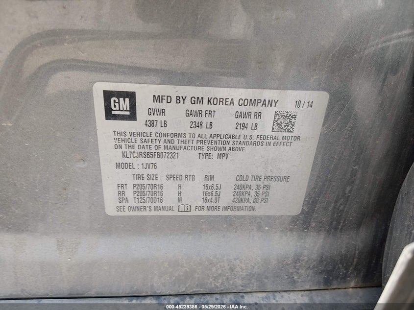 2015 Chevrolet Trax VIN KL7CJRSB5FB072321 IAAI salvage auction — REAR END, Salvage Title, sold $500 on 2026-07-21 (photo 9)