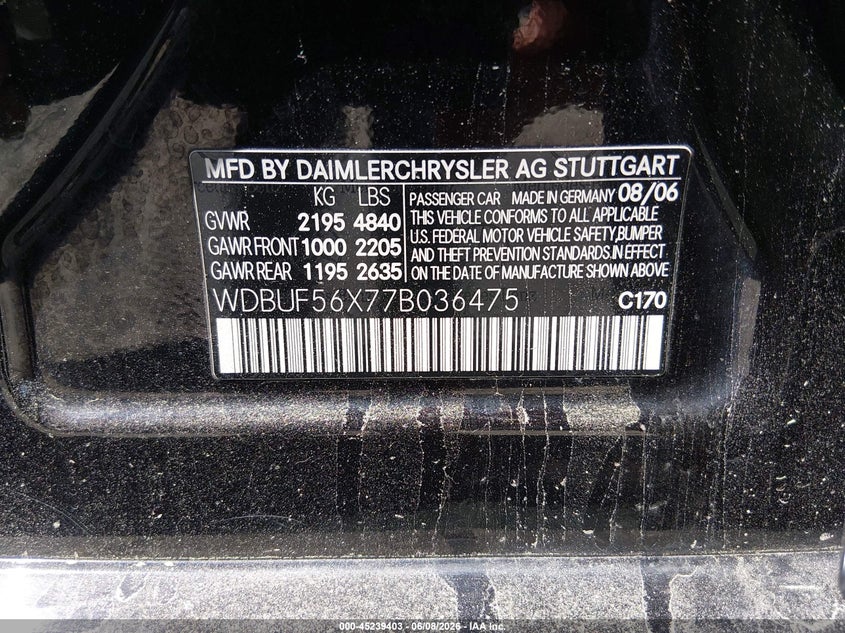 2007 Mercedes-benz E-class VIN WDBUF56X77B036475 IAAI salvage auction — ALL OVER, Clear (Massachusetts), sold $25 on 2026-07-15 (photo 9)