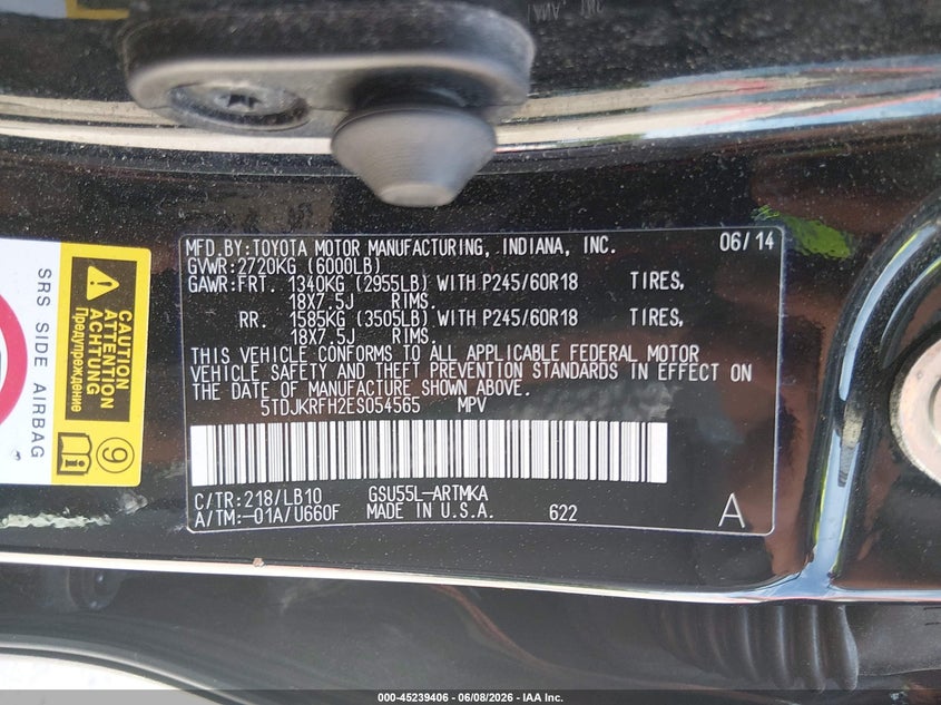 2014 Toyota Highlander VIN 5TDJKRFH2ES054565 IAAI salvage auction — LEFT SIDE, Salvage Title, sold $7,825 on 2026-07-06 (photo 9)
