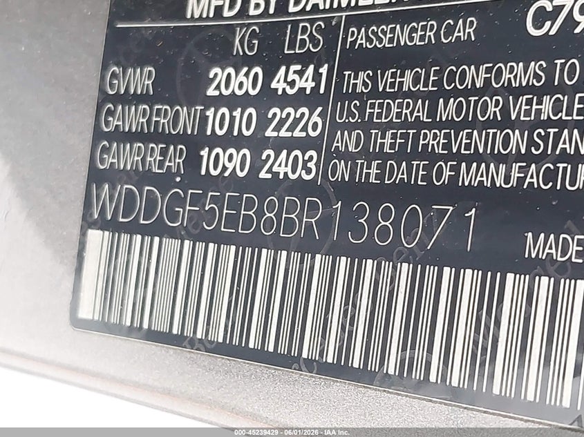 2011 Mercedes-benz C-klasse VIN WDDGF5EB8BR138071 IAAI salvage auction — HAIL, Original (Texas), sold $3,600 on 2026-07-31 (photo 9)