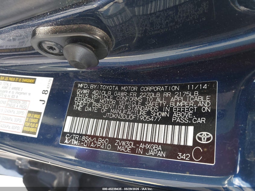 2015 Toyota Prius VIN JTDKN3DU0F1905477 IAAI salvage auction — FRONT END, Rebuildable (Florida), sold $375 on 2026-07-11 (photo 9)