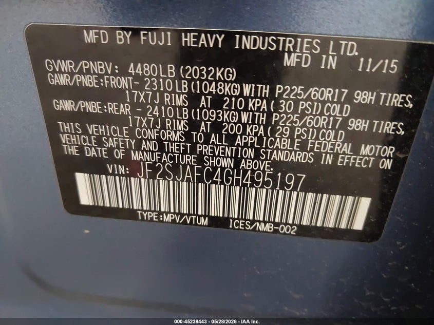 2016 Subaru Forester VIN JF2SJAFC4GH495197 IAAI salvage auction — FRONT END, Salvage Title, sold $550 on 2026-07-15 (photo 9)