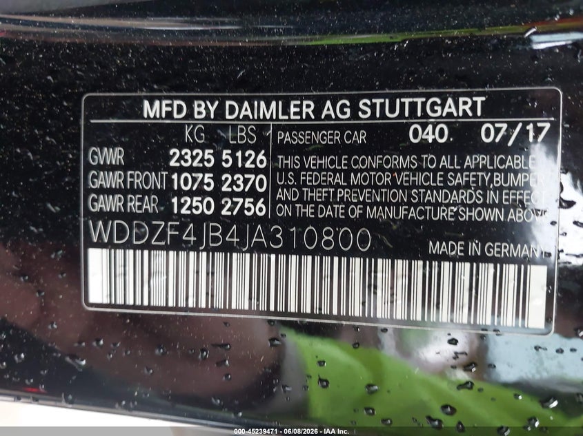 2018 Mercedes-benz E-klasse VIN WDDZF4JB4JA310800 IAAI salvage auction — REAR END, Original (Texas), sold $7,000 on 2026-08-18 (photo 9)