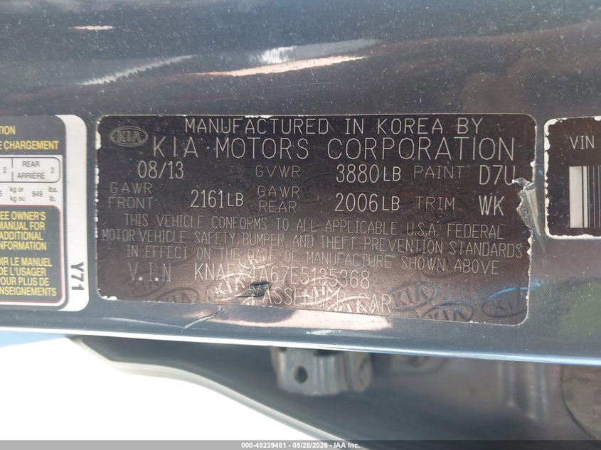 2014 Kia Forte VIN KNAFX4A67E5135368 IAAI salvage auction — LEFT FRONT, Original (Ohio), sold $350 on 2026-07-14 (photo 9)