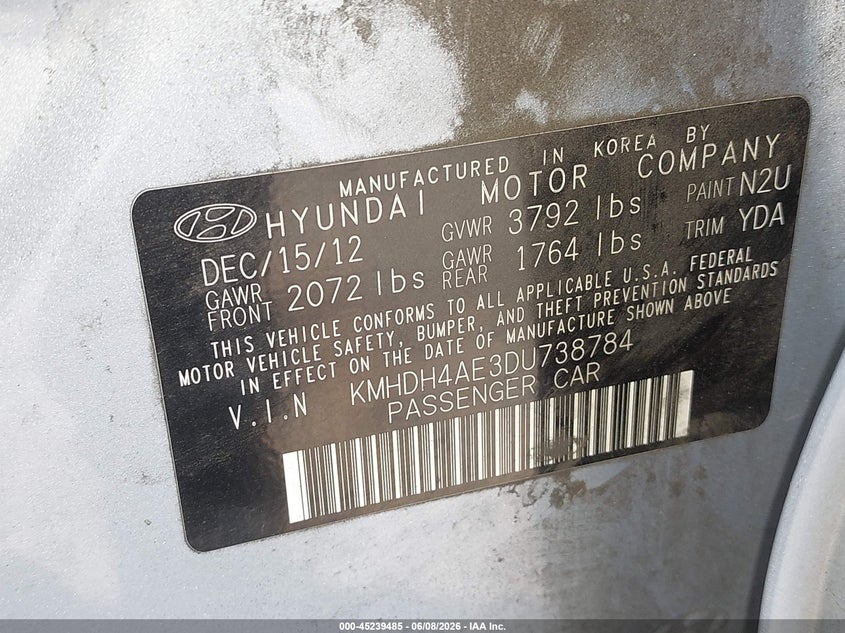 2013 Hyundai Elantra VIN KMHDH4AE3DU738784 IAAI salvage auction — LEFT SIDE, Salvage Title, sold $425 on 2026-07-21 (photo 9)