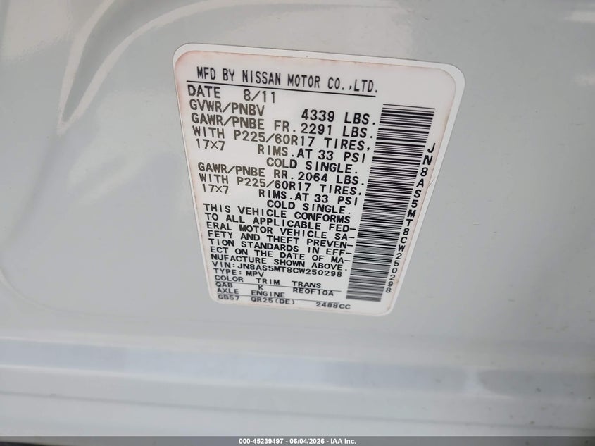 2012 Nissan Rogue VIN JN8AS5MT8CW250298 IAAI salvage auction — HAIL, Salvage Title, sold $825 on 2026-07-07 (photo 9)