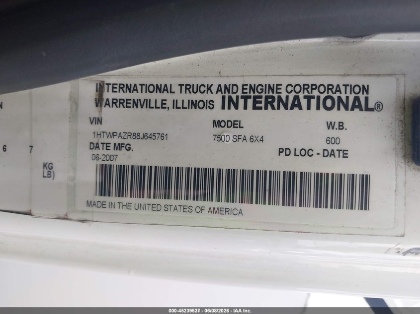 2008 International 7000-series VIN 1HTWPAZR88J645761 IAAI salvage auction — NORMAL WEAR, Sf97 (Virginia), sold $9,050 on 2026-07-22 (photo 9)