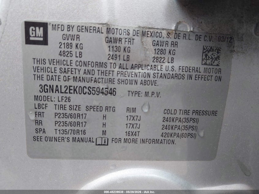 2012 Chevrolet Captiva sport VIN 3GNAL2EK0CS594546 IAAI salvage auction — FRONT END, Salvage Title, sold $675 on 2026-07-08 (photo 9)
